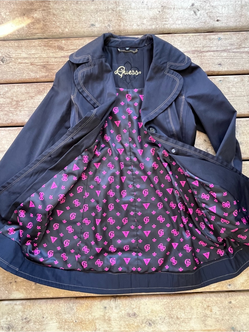 Vintage Y2K Guess Black Trench Coat with Pink Logo Lining